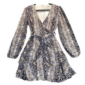 Ambition Womens Snakeskin Print Tiered Ruffle Dress‎ Long Sleeve V-Neck Med